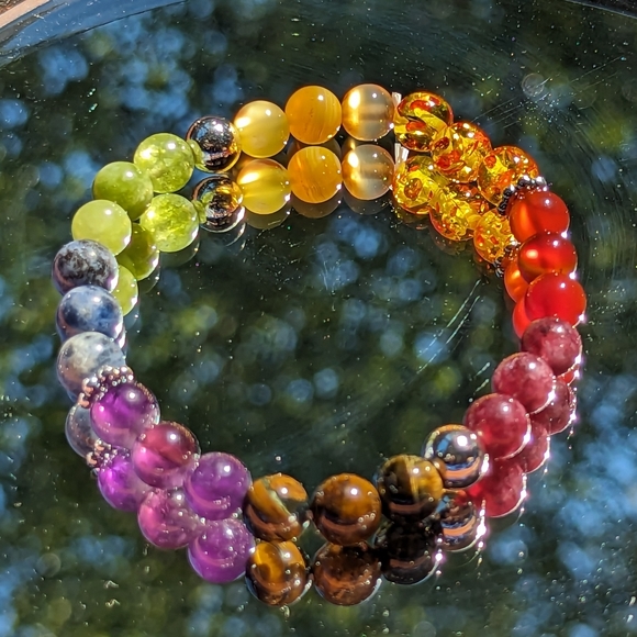 Vibrant Rainbow gemstone beaded stretch stackable bracelet 19" 7.5" - Picture 6 of 6
